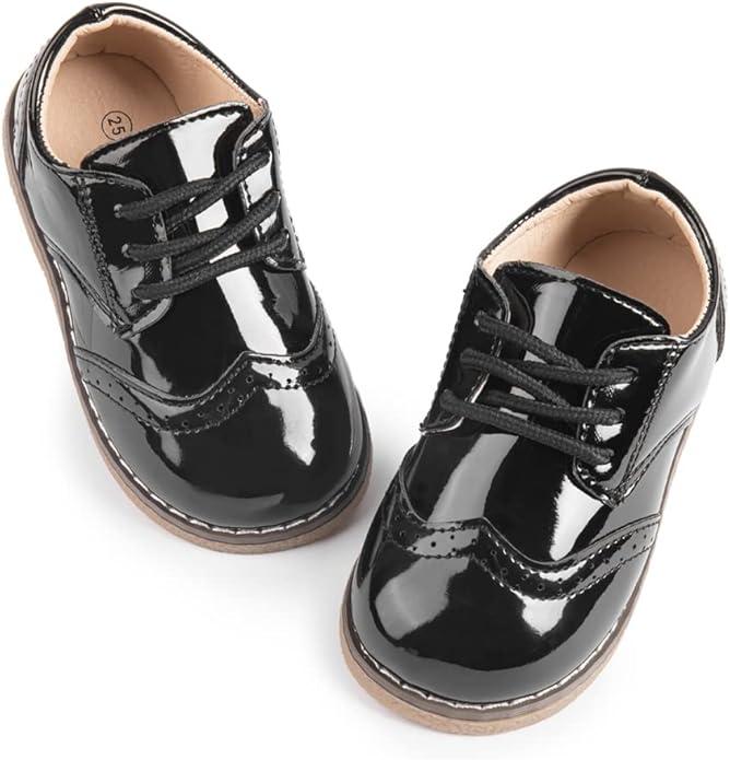 Meckior Toddler Boys Girls Black Dress Shoes Little Kid Oxford Shoes Wedding Church Dress Shoes PU Leather Lace Up School Uniform Loafer Flats Size 30