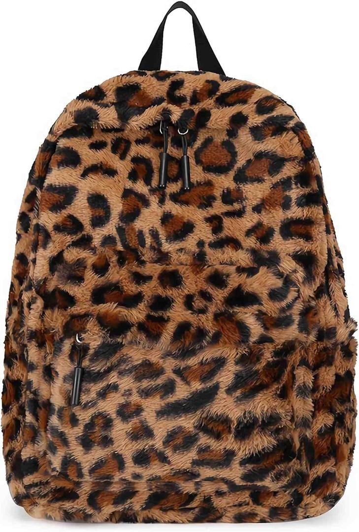 Fluffy Cheetah Print Backpack, Cute Y2k Animal Fur 14 inch Scene Book Bag For Women, Fashion Simple Personal Item Aesthetic Girls Bag