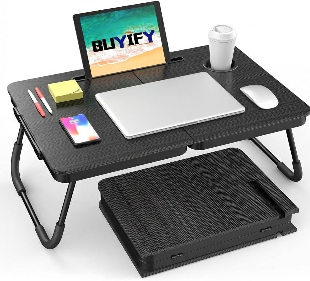 BUYIFY Portable Foldable Laptop Desk for Bed and Couch, Adjustable Lap Desk with Cup Holder and Phone Holder, Ideal for Working, Reading, Writing, and Breakfast (Black)-USA Original Patent