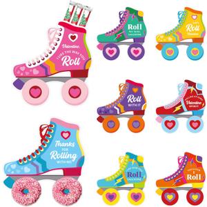 48 Pcs Valentine Retro Roller Skate Candy Card with Cellophane Bags DIY Valentine's Day Gift Craft Treat Card for Sweet Day Gifts Exchange Party Favors Supplies