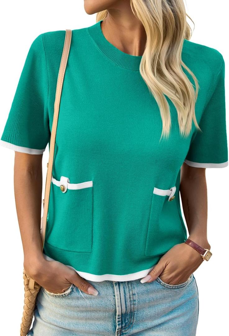 Saodimallsu Women's Short Sleeve Color Block Crew Neck Sweater (M)