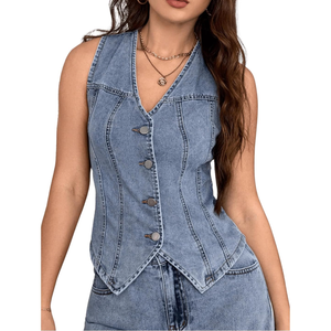 MakeMeChic Women's Denim Vest Tops Sleeveless Button Down V Neck Asymmetrical Hem Crop Jean Vest S