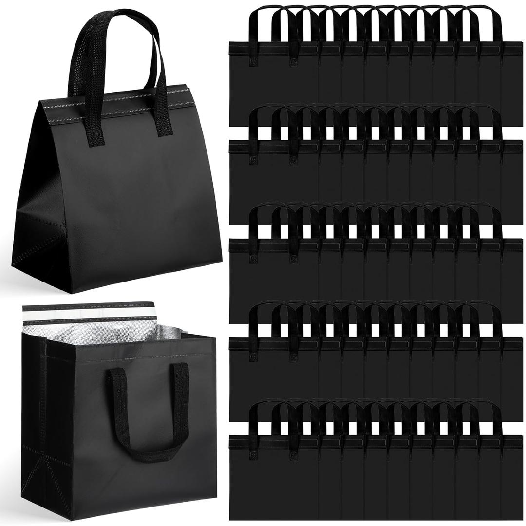 50 Pcs Insulated Take Away Bags Bulk Thermal Insulation Food Bags for Coffee Milk Tea Hot Cold Fresh Food Seafood for Catering Restaurant Grocery (9.45x9.45x5.91inch,Black)