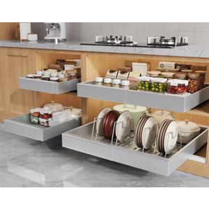 Seinloes 4 Pack Pull Out Cabinet Organizers 21" Deep With Raising Pad for Framed Cabinets, Expandable Slide Out Drawers with 4pcs Divider Racks, Roll Out Shelves, Adjustable Width 12"-20.45" Silver