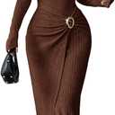 Women's Long Sleeve Maxi Bodycon Dresses Elegant Semi Formal Cocktail Knit Body Con Asymmetrical Weddding Guest (Brown, S)