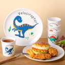 4 Sets Dinosaur Fun Kids Plates with Cups Plates Dinnerware Set for Toddlers Creatively Drop Resistant Cute Plastic Dishes Dishwasher Safe