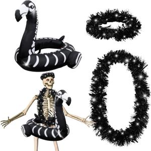4 Pcs 12 ft Skeleton Costumes Set Includes Inflatable Flamingo Swimming Ring with Light Chest Ring Headpiece for Party Garden Lawn Decor