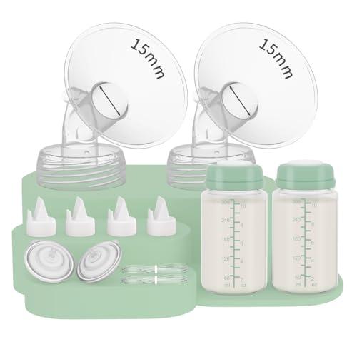 2 Packs 15mm Full Pump Parts with 10oz Bottle Compatible with Spectra S1/S2/SG/9plus/SG, Replacement Kit for Spectra Pump Parts Include 15mm Flange, 10oz Bottle, Backflow Protector, Valve, Tube