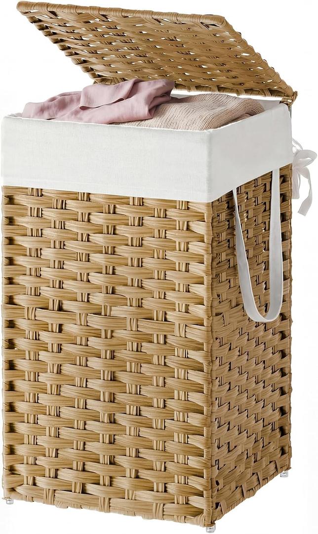 SONGMICS HOME Laundry Hamper with Lid, Clothes Basket with Removable Liner and Handles, 17.2 Gallon, Foldable Narrow Laundry Organizer for Bathroom, Bedroom, Light Brown, 65 Lwith Lid