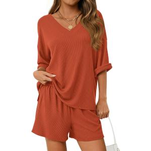 PRETTYGARDEN Womens 2 Piece Sets 2026 Oversized Vneck Half Sleeve Tops Shorts Lounge Set Casual Summer Travel Beach Outfits (S)