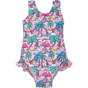 Flap Happy Girls' UPF 50+ Delaney Hip Ruffle Swimsuit, Island Doodles