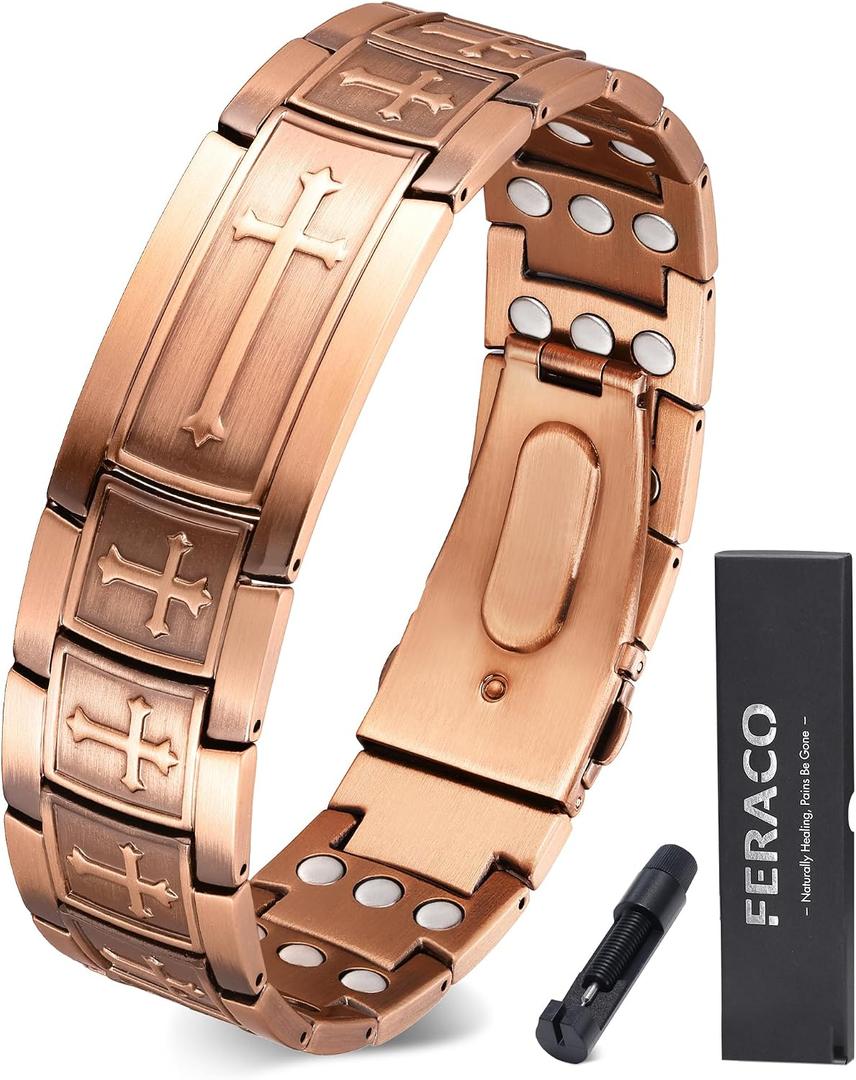 Feraco Copper Bracelet for Men 3X Strength,Magnetic Therapy Bracelet Copper Jewelry with Powerful 3800 Gauss Magnets,Premium Fold-Over Clasp