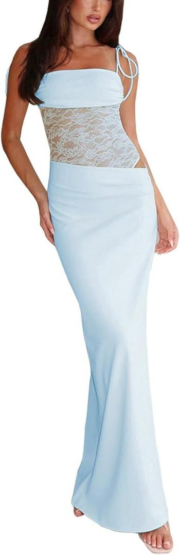 Women Sexy Lace Patchwork Maxi Dress Spaghetti Straps Y2K Sheer Long Bodycon Club Cocktail Long Dresses (Blue, L)