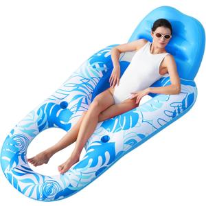 SLOOSH Inflatable Pool Floats Lounger Adult, Pool Float Lounge Raft Floaties Water Floating Recliner Chair with Cup Holders Foot Rest Swimming Floaty (Blue)