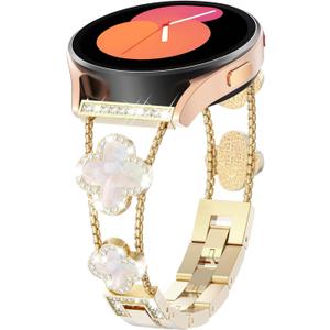 20MM Bling Metal Band Compatible for Samsung Galaxy Watch 7/6/5/4 40mm 44mm/Galaxy Watch 5 Pro 45mm/Galaxy Watch 4 Classic 46mm 42mm, Diamond Four/4 Leaf Clover Metal Watch Strap for Women