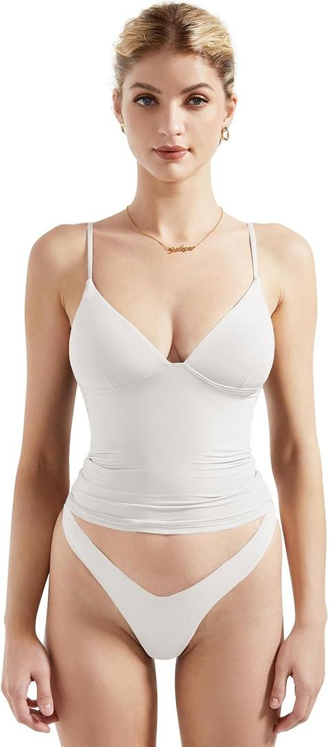 SUUKSESS Women Sexy Deep V Neck Sleeveless Fitted Basic Tops Y2K Tank Top Cami (Small, Snow White)
