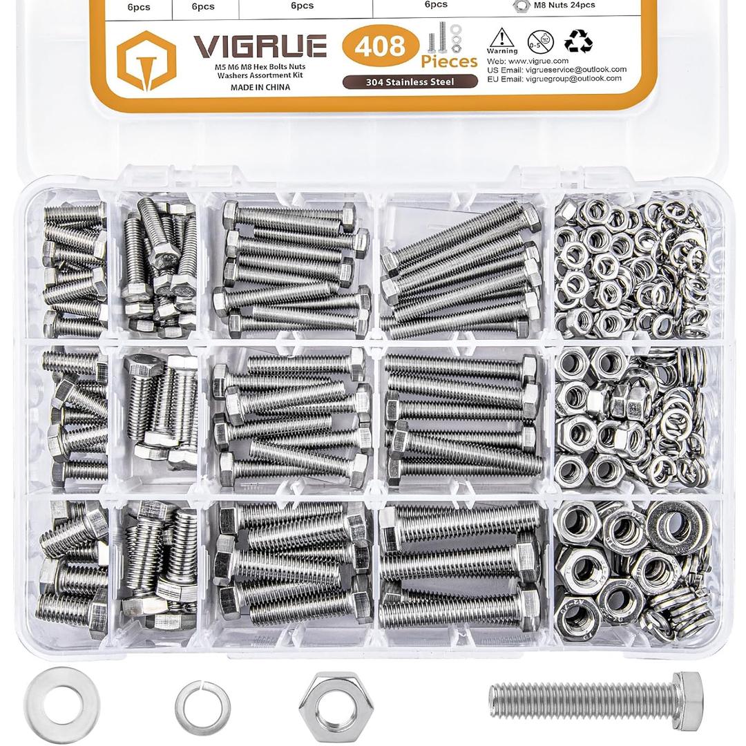 VIGRUE 408pcs M5 M6 M8 Bolts and Nuts Assortment Kit, 304 Stainless Steel (18-8) A2 Hex Metric Bolts Nuts Washers Kit, Fully Thread
