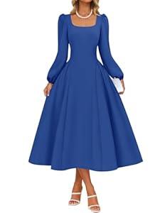 ZESICA Women's Long Sleeve Midi Dresses 2026 Fall Square Neck Swing A Line Wedding Guest Evening Prom Dress (S)