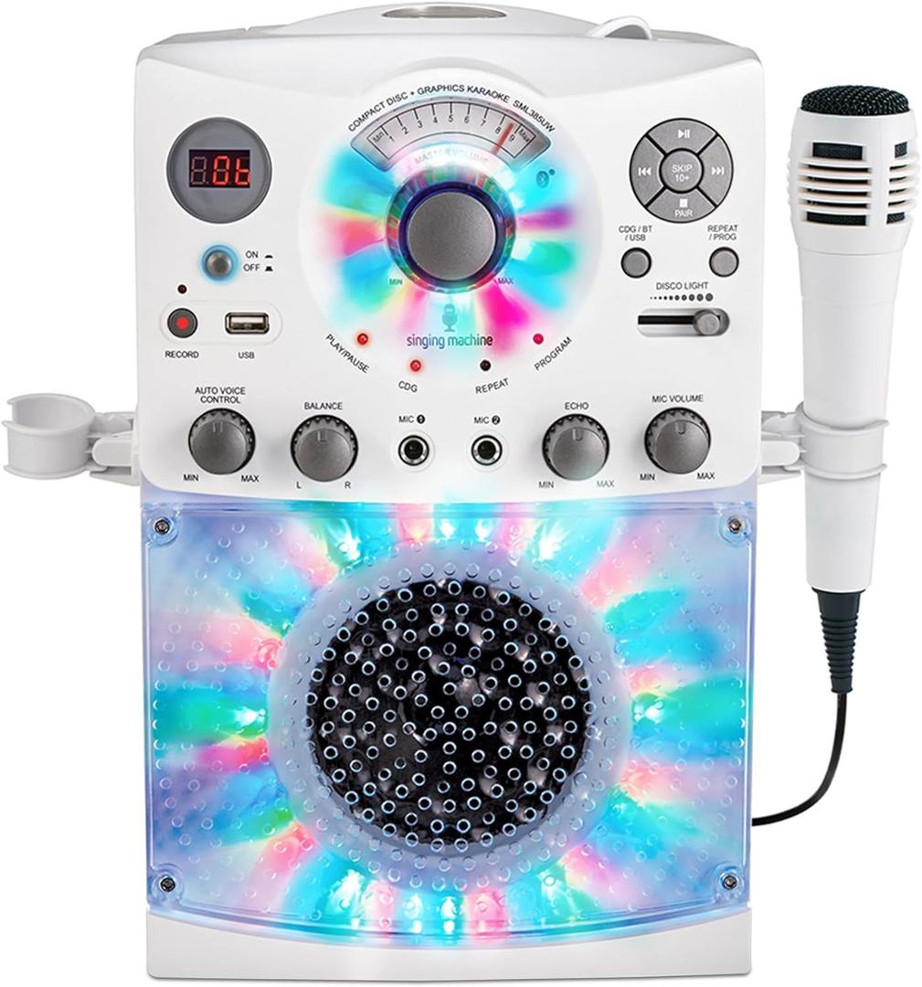 Singing Machine Portable Karaoke Machine for Adults & Kids with Wired Microphone, White - Built-In Speaker, Bluetooth with LED Disco Lights - Karaoke System with CD+G Player & USB Connectivity