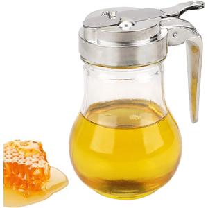 Glass Honey Dispenser No Drip, 6.7 Oz (200ml) Maple Syrup Container with Chrome Plated Stand, Thumb Trigger Pourer Jar for Pancakes Waffles Cooking Oil, Kitchen Breakfast Accessories