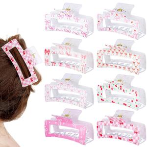 8 Pcs Bow Cherry Hair Claw Clips for Women Cute Pink Bow Preppy Trendy Rectangle Banana Hair Clips Nonslip Thin Thick Short Long Curly Accessories, Birthday Coquette Bachelorette Wedding Gift