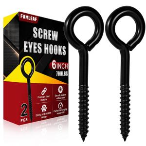 2 Pieces 6 Inch Heavy Duty Screw Eye Hooks, 700 LBS Capaciy, Black Stainless Steel Eyelet Screw Eye Bolts, Hammock Hooks for Wood Securing Cables Wire, Indoor & Outdoor Use