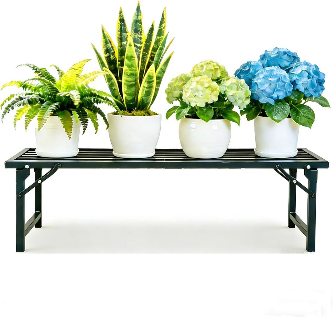 Foldable Plant Stand, No Assembly Heavy Duty Iron Plant Shelf, Rustproof Single Tier Plant Rack for Indoor Outdoor, Long Narrow Flower Stand for Patio Balcony Garden Living Room, 33" L x 9.7" W x 11.7" H