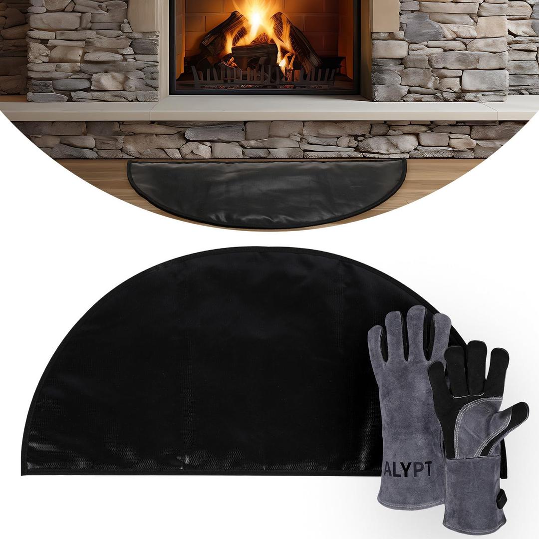 Fireproof Fireplace Hearth Mat 32"x16" Plus Gloves - Extra Thick 6.49mm, Fire Retardant Rugs for Fireplace, Stove, Patio, Kitchen, Fire Pit - Non-Slip Silicone Pad - Protects Against Embers (32" x 16")