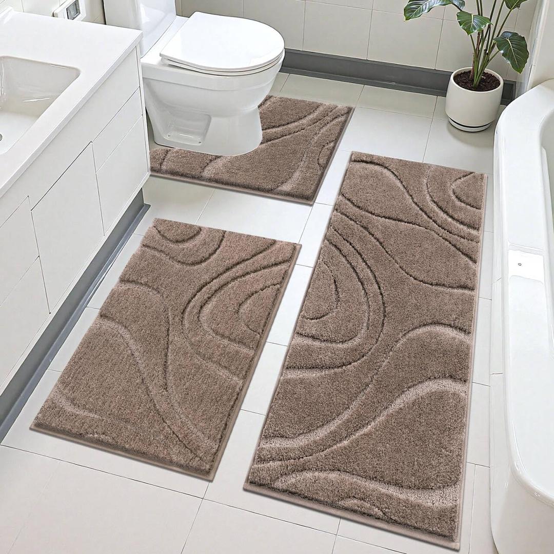 HEBE Bathroom Rug Sets 3 Piece, Non Slip Shower Mats with U-Shaped Contour Toilet Mat, Absorbent Microfiber Bath Mats for Bath Rugs, Washable Shaggy Floor Carpet, Coffee (Brown)