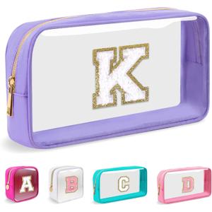 Small Clear Personalized Initial Makeup Bag, Nylon Preppy A-Z Chenille Letter Patch Cosmetic Pouch Beach Toiletry Bag, Waterproof Zip Travel Purse Storage Bag Organizer for Women Girls(Purple-White K)