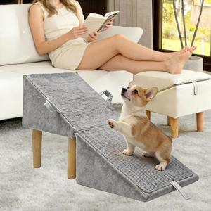 Split Ottoman Dog Ramp for Small Dogs and Cats 2-in-1 Foldable Wooden Pet Ramp and Stairs for Couch and Low Bed, or Ottoman, Non-Slip and Portable, Grey