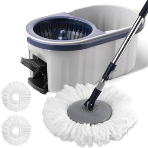 Spin Mop and Bucket System with180-Degree Rotating Head Telescopic Handle Dual Chamber Bucket Floor Cleaning Set with 3 Mop Refills Dual-Function Wringing Hand-Press and Foot-Pedal