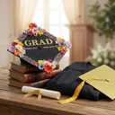 Graduation Cap Decorations Kit - 12 Sheets 9"x9" Black & Gold Glitter Cardstock Paper with 3 Sheets Self-Adhesive Rhinestones Pearls Stickers for Graduation Toppers DIY Crafts, Grad Cap Decor