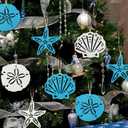 12 Pcs Wooden Coastal Christmas Decor Hanging Ornaments Starfish for Christmas Tree, Beach Christmas Ornaments Seashells Sanddollar for Nautical Xmas Tree Fireplace Home Decoration (White  Blue)
