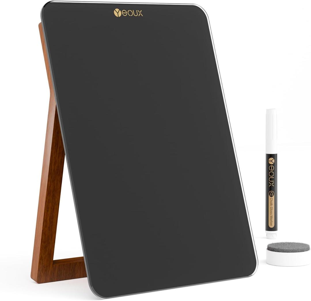Desktop Black Glass Dry Erase Whiteboard with Reversible Wood Stand, Small Portable White Board Easel for Desk, Reusable Desk Notepad 9.5"x6.7" for Office, Home, School, Marker & Eraser Included, Yeoux