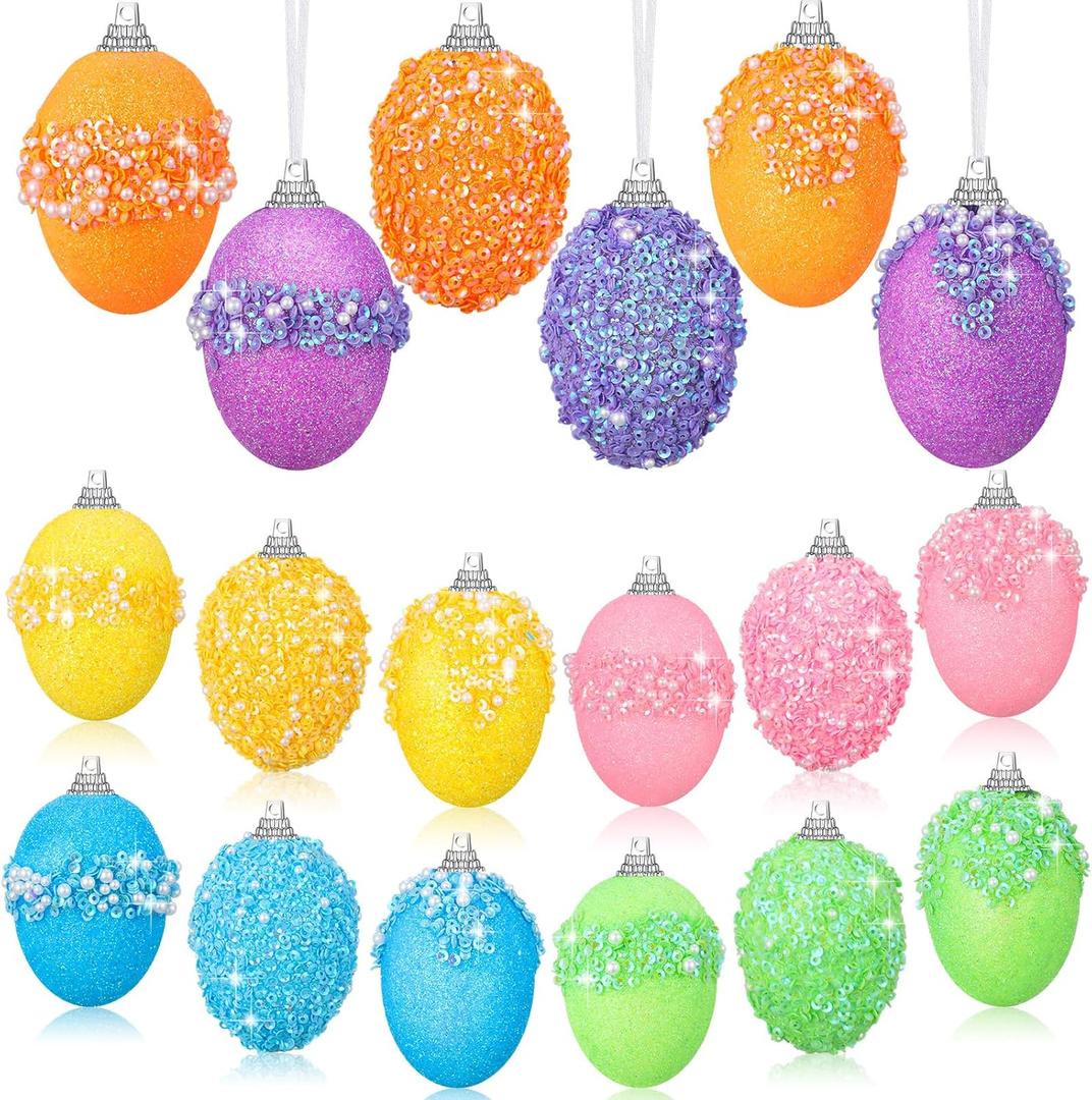 18 Pcs Easter Ornaments Colorful Foam Hanging Egg Ornaments Glitter Hanging Eggs for Easter Tree Decoration Spring DIY Crafts(Bright Color)