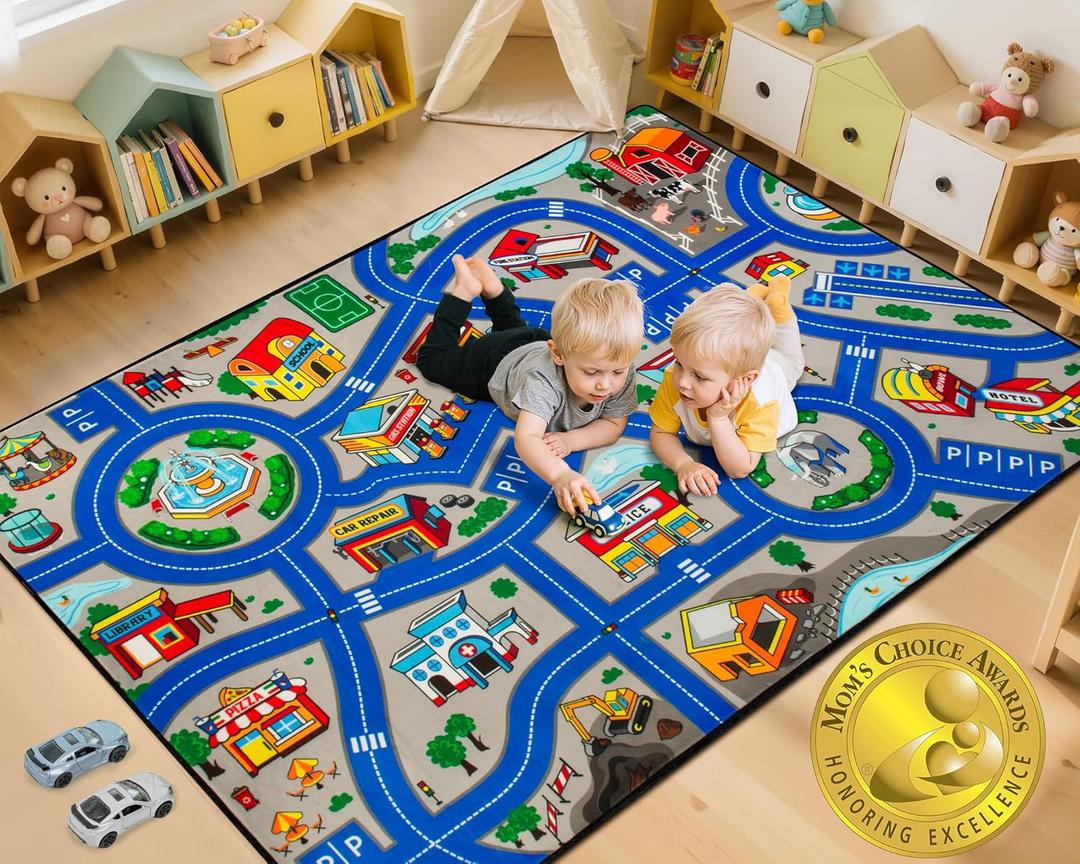 Road Car Rug, 5x7 Ft City Road Rug for Kids, Extra Thick (0.4in) Kids Play Rug Mat and Car Carpet with Realistic Colors - Perfect for Children, Soft and Non-Slip for Playroom and Bedroom