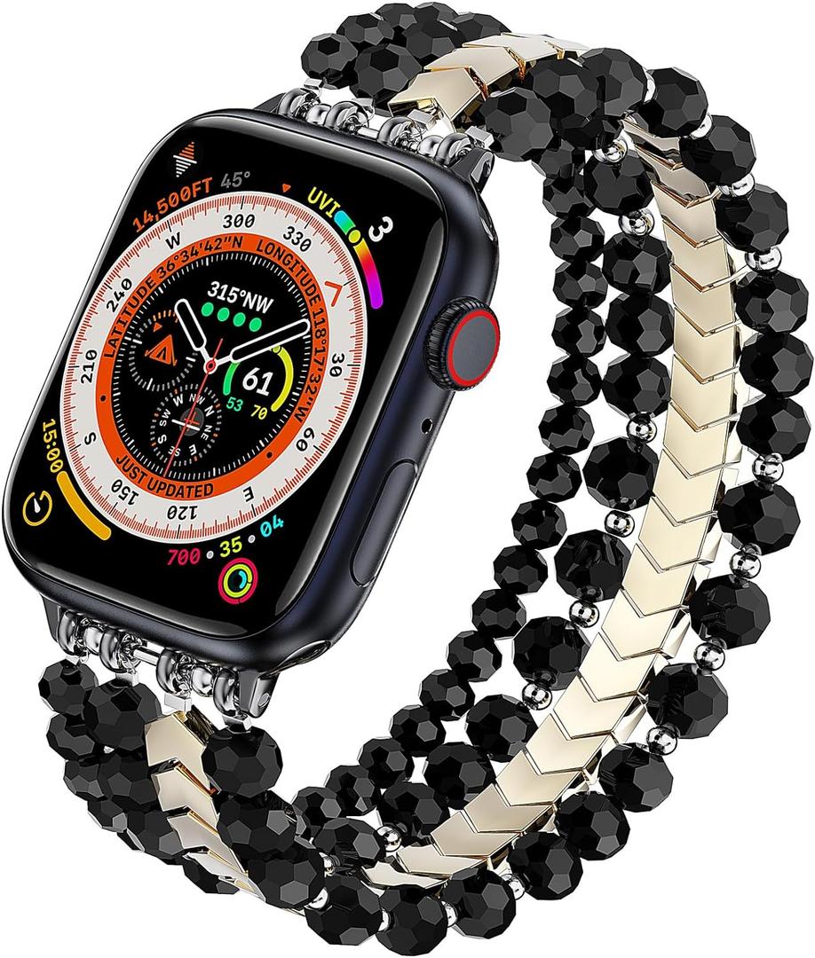 MOFREE Beaded Bracelet Compatible with Apple Watch Band 38mm/40mm/41mm/42mm, Fashion Elastic Stretch Women Bands for iWatch Series 11/10/9/8/7/SE/6/5/4/3/2/1 iPhone Watch Strap Bands (Black/Gold)