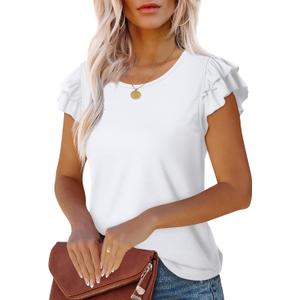 WEESO Womens T Shirts Ruffle Short Sleeve Summer Tops Cute Crew Neck Casual Blouses (Large)