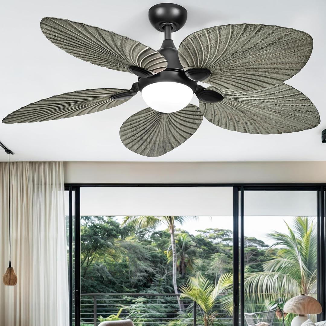 DWVO 52" Tropical Ceiling Fan with Light & Remote, LED Tri-Color Temperature, 5 Blade Ceiling Fans Reversible 6 Speeds w/Quiet DC Motor for Bedroom, Living Room, Dining Room (Grey)