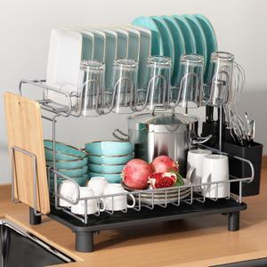 MAJALiS 2 Tier Large Stainless Steel Dish Drainers Drying Rack for Kitchen Counter with Drainboard, Rust Proof Metal, Space Saving, Modern Aesthetic, Compact Plates Strainers, Grey (Gray)