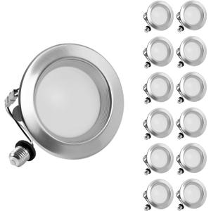ZYC Brushed Nickel Recessed Lighting 4 Inch, 12 Pack Recessed LED Retrofit Lighting, 2700-5000K 5CCT Selectable, Damp Rated Can Lights, Baffle Trim, 9W 800Lm(Brushed Nickel, 4 inch)