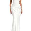 Memoriesea Women's Sexy One Shoulder Asymmetrical Pleated Formal Evening Gown Maxi Dress White, M
