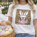 Cute Easter Bunny T-Shirt for Women - Funny Leopard Glasses Rabbit Graphic Tee, Sassy Bubblegum Spring Holiday Top