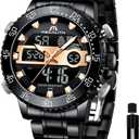 MEGALITH Mens Watch Digital Waterproof Stainless Steel Big Face LED Analog Multifunctional Outdoor Sports Watch, Men's Wrist Watches with Dual Time Backlight Display Alarm Stopwatch