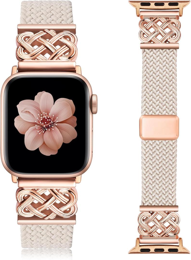 TOYOUTHS Braided Magnetic Band Compatible with Apple Watch Bands 38/40/41/42/44/45/46/49mm Women Men, Dressy Celtic Metal Stretchy Elastic Strap for iWatch Series 11 10 9 8 7 6 5 4 SE/Ultra 3 2 1 (Starlight/Rose Gold)