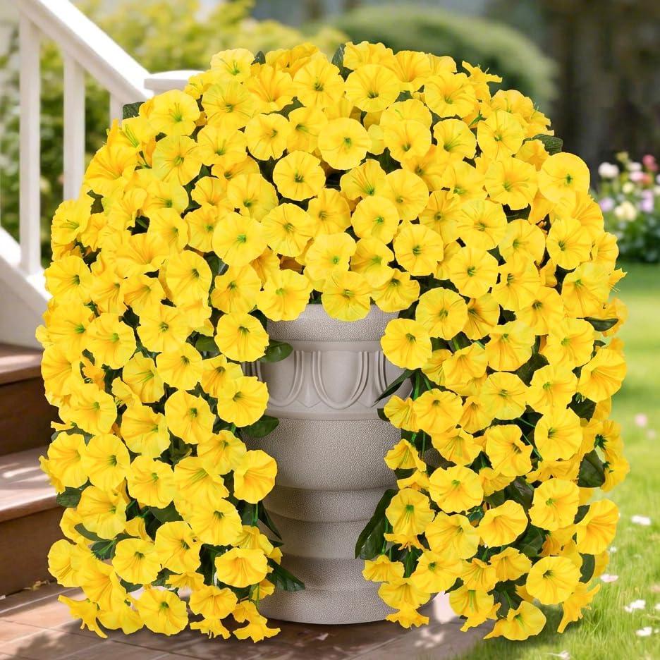 HyeFlora Artificial Fake Hanging Flowers Plants for Outdoor Outside Spring Decoration, 2PCS Faux Silk UV Resistant Look Real Yellow Morning Glory Trailing Vines for Home Planter Porch Patio Balcony