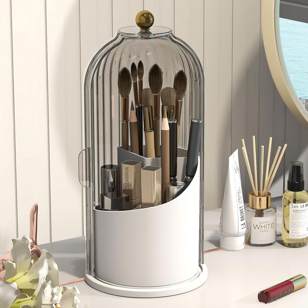 Makeup Brush Holder with Dustproof Cover 360 Rotating Makeup Brush Organizer for Vanity Bathroom, Grey