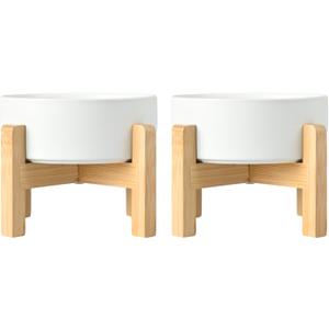 SPUNKYJUNKY Ceramic Elevated Dog Bowls 2 Pack - 8.3inch Raised Dog Bowls with Non-Slip Wooden Stand for Large Dogs Dishwasher Safe(White,60OZ*2)