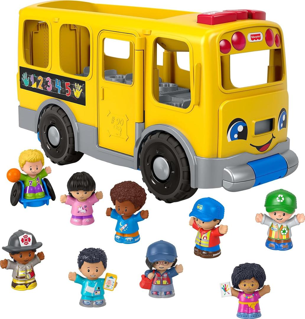 Fisher-Price Little People Toddler Toy Big Yellow School Bus & Community Heroes Set, Musical Pull-Along Vehicle & 9 Figures for Kids Ages 1+ Years, Large
